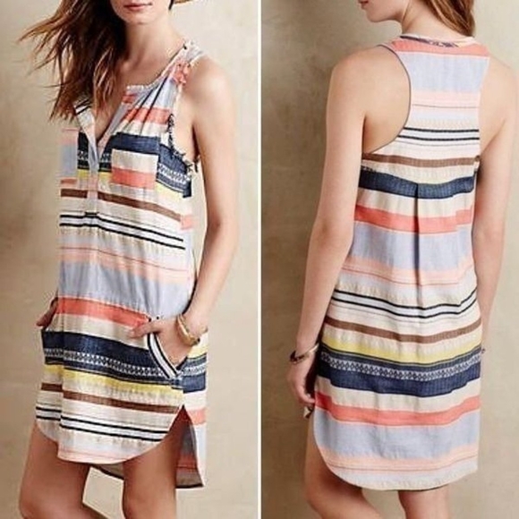 The Odells x Anthropologie - Iris Loom Coral Stripe Tunic Dress Popover | Small - Picture 1 of 10
